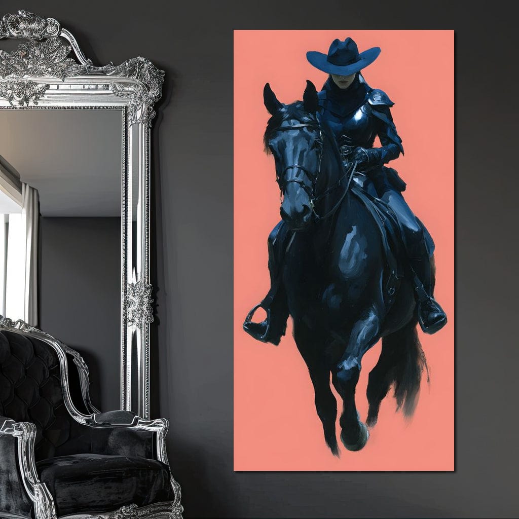 tablou canvas cu o femeie cu palarie de cowboy, calare pe un cal negru, pe fundal pastelat