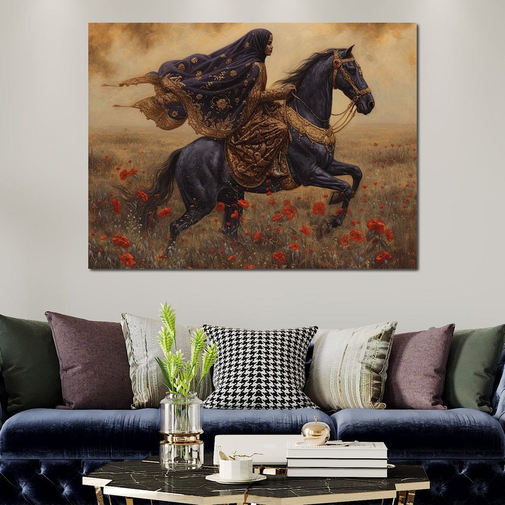 Tablou Canvas Premium, LuxCanva® G1095, Galop Printre Maci, Epic, Libertate, Armasar, Maci, Oriental, Printesa, Calatorie, Vant, Living, Dormitor