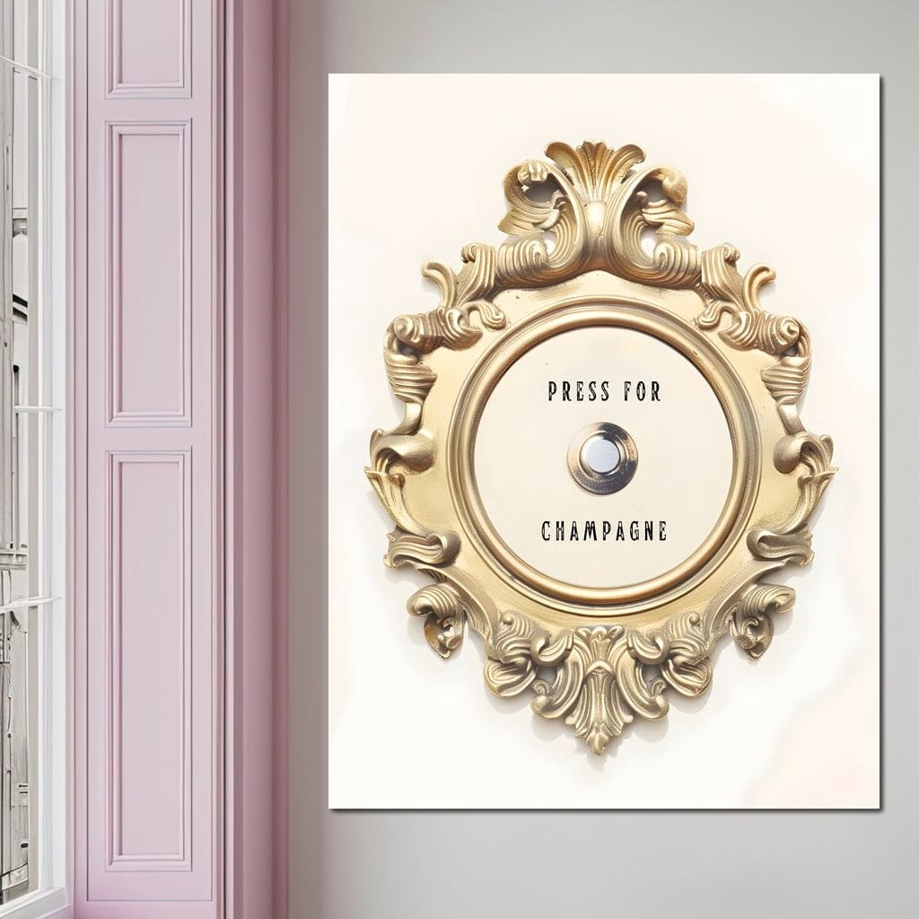 tablou canvas cu un buton si un text intr-un ornament auriu, pe fundal deschis