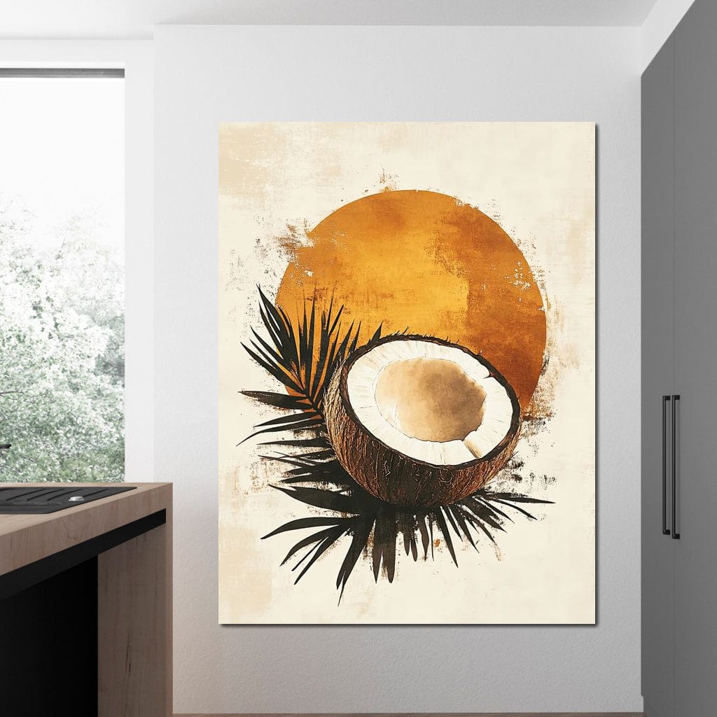 tablou canvas cu o nuca de cocos pe frunze de palmier, pe fundal deschis cu un cerc auriu