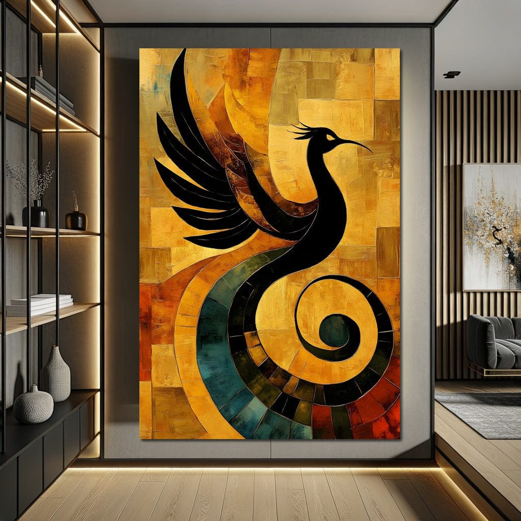 tablou canvas cu o pasare neagra stilizata pe fundal galben, rosu si portocaliu