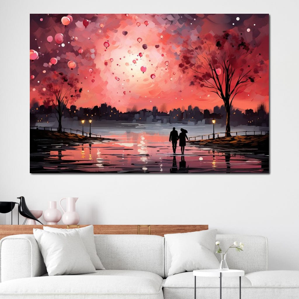 Tablou Canvas Premium LuxCanva® E1021, Plimbare Sub Cerul Inflacarat, Apus, Doi, Cuplu, Apa, Urban, Living Room, Culori vibrante
