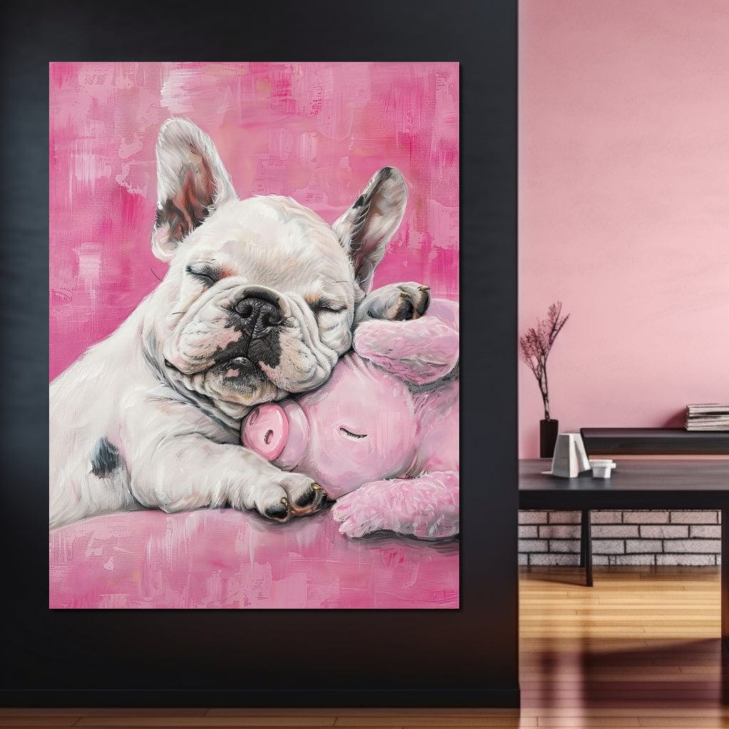 tablou canvas cu un bulldog francez alb imbratisand si dormind cu un porcusor mic si roz, pe fundal in roz vibrant stil pictura