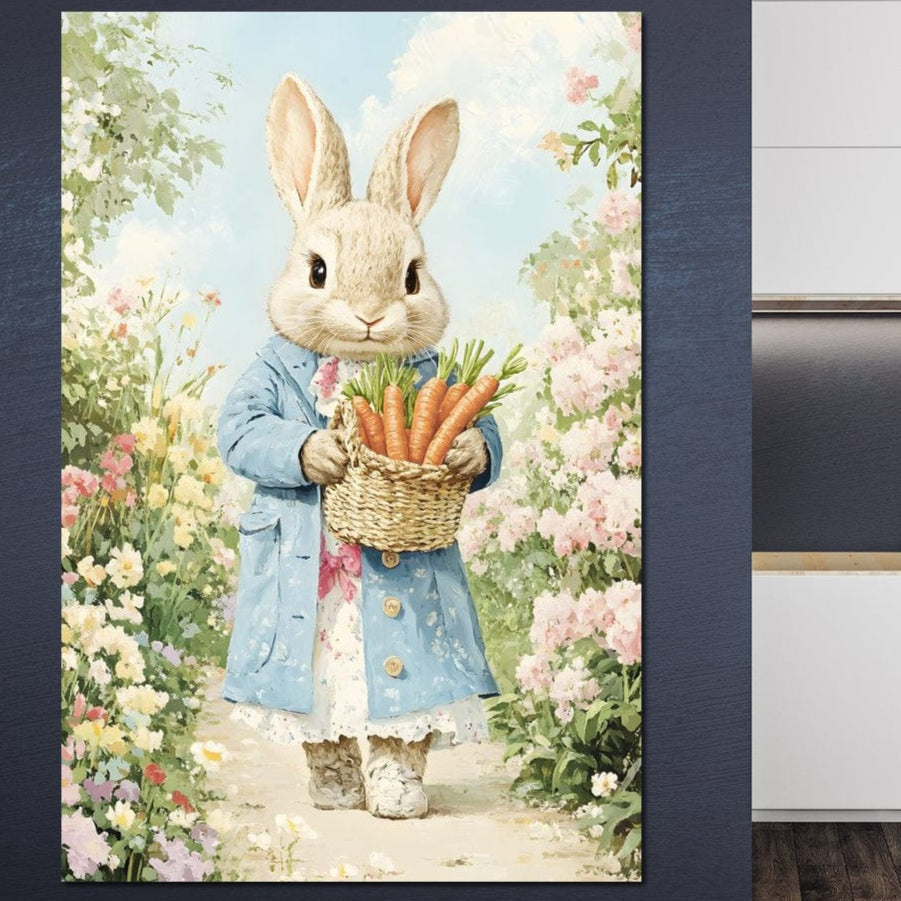 Tablou Canvas Premium, LuxCanva® K1029, Iepurasul Fermecat, Gradina, Flori, Cos, Morcovi, Primavara, Padure, Vintage, Floral, Gradinita, Cresa, Loc de Joaca, Copilarie, Camera Copii