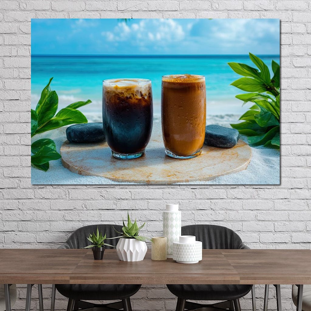 tablou canvas cu doua pahare cu cafea rece, pe fundal exotic de vacanta cu plaja si ocean