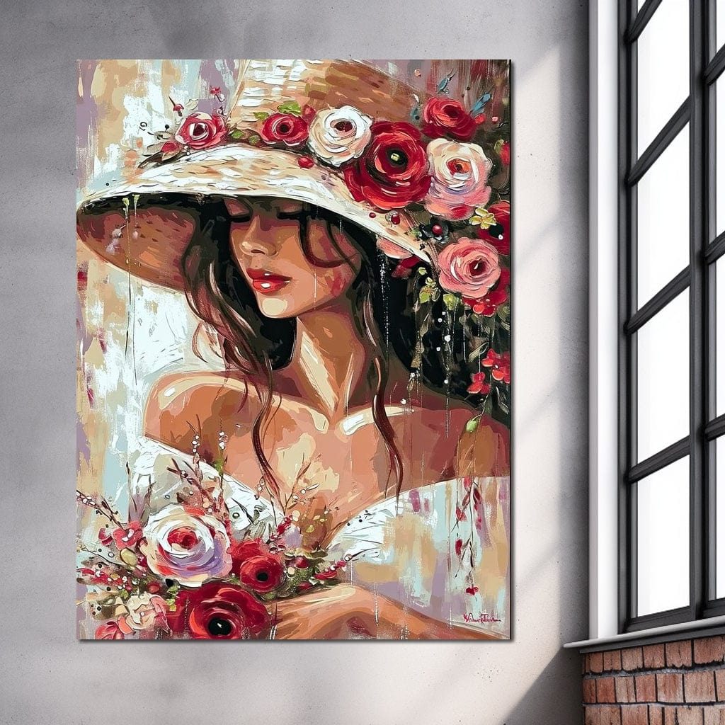 Imagine cu tablou canvas cu portret de femeie cu palarie, tiparita pe panza canvas