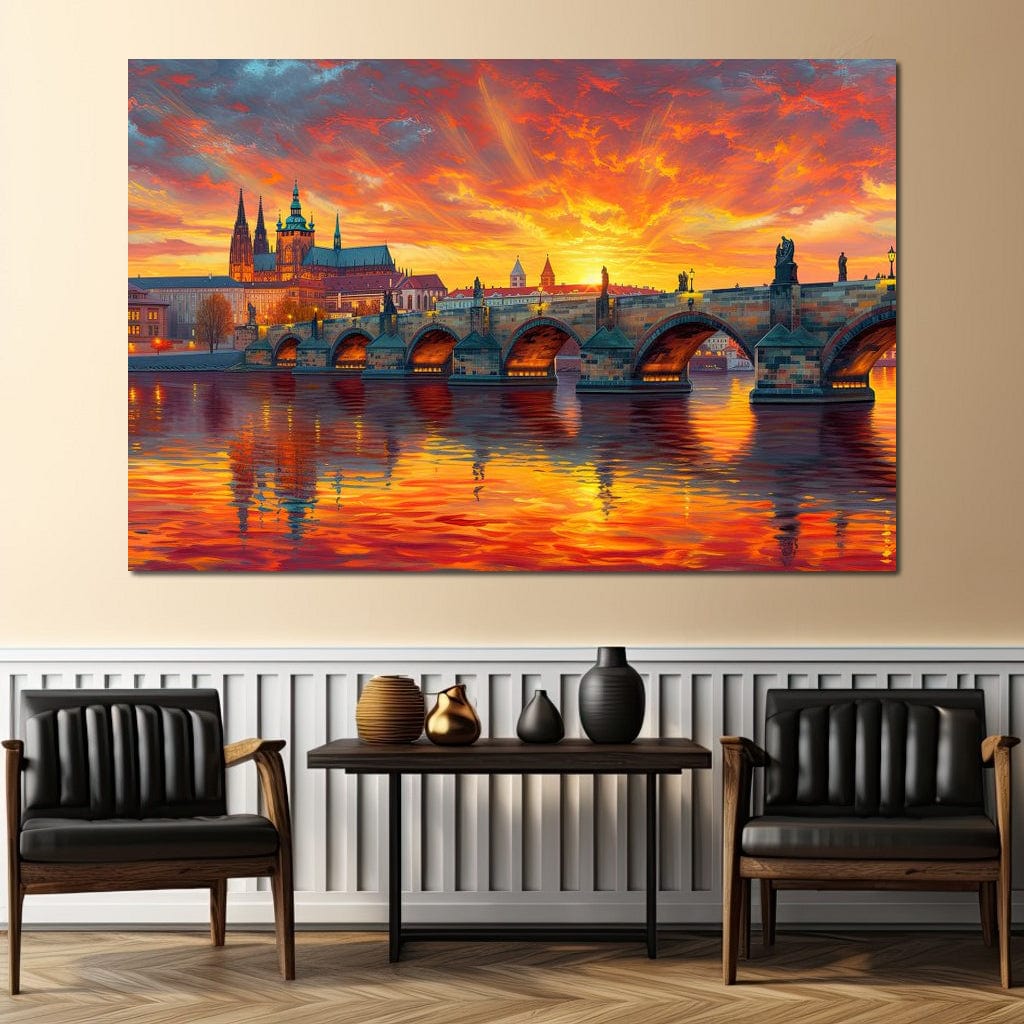 Tablou Canvas Premium, LuxCanva® O1001, Praga in Flacarile Cerului, Pod, Apus, Carol, Reflexii, Aur, Magie, Oras, Rau, Catedrala, Romantism, Medieval, City, Splendoare, Birou, Living, Dormitor