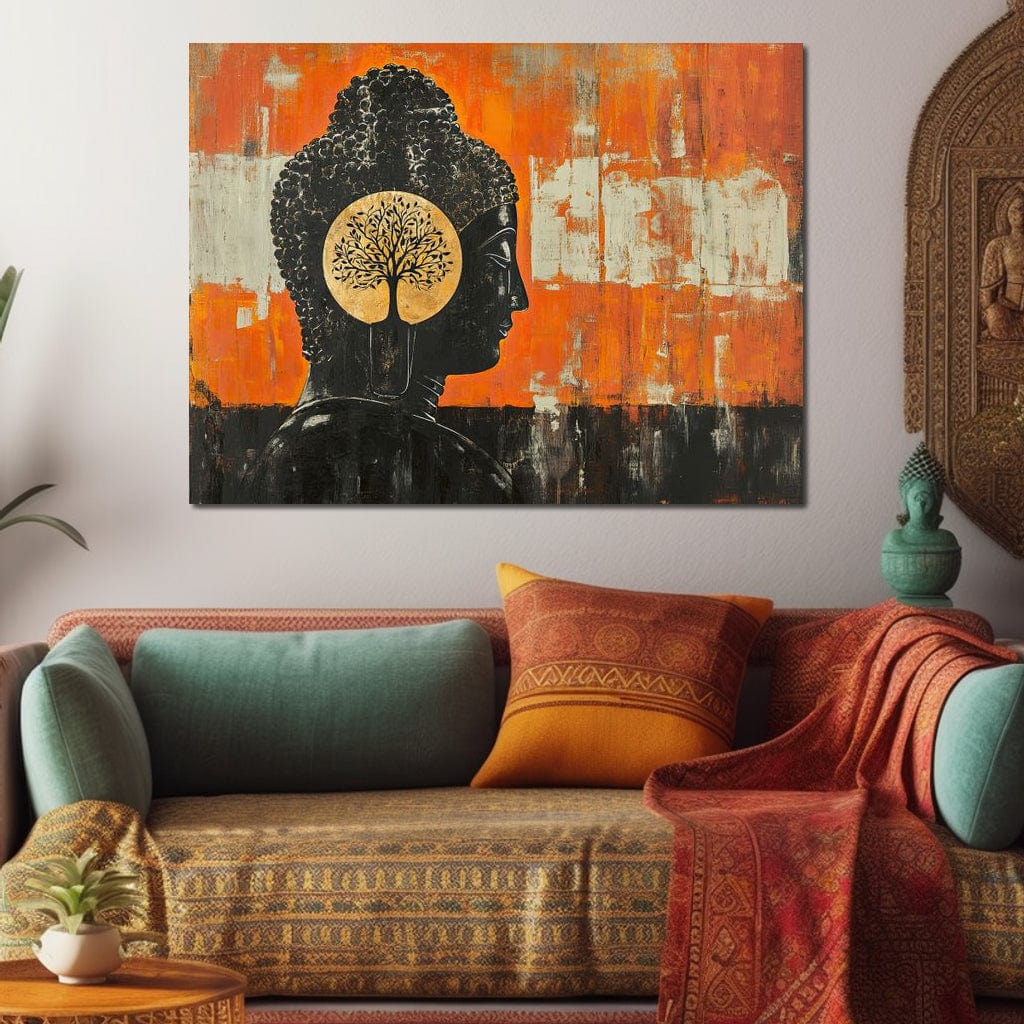 Tablou Canvas Premium, LuxCanva® I147, Pacea Mintii, Buddha, Zen, Liniste, Intelepciune, Copac, Ramuri, Profil, Arta Sacra, Meditatie, Armonie, Portocaliu, Living, Dormitor