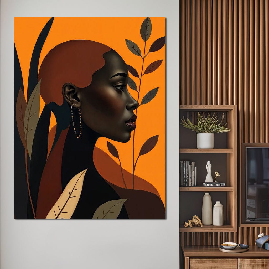 Tablou Canvas Premium, LuxCanva® G1133, Respiratia Frunzelor, Lumina, Pamant, Aur, Umbra, Frunze, Natura, Femeie, Eleganta, Feminitate, Cercei, Profil, Afro, Birou, Living