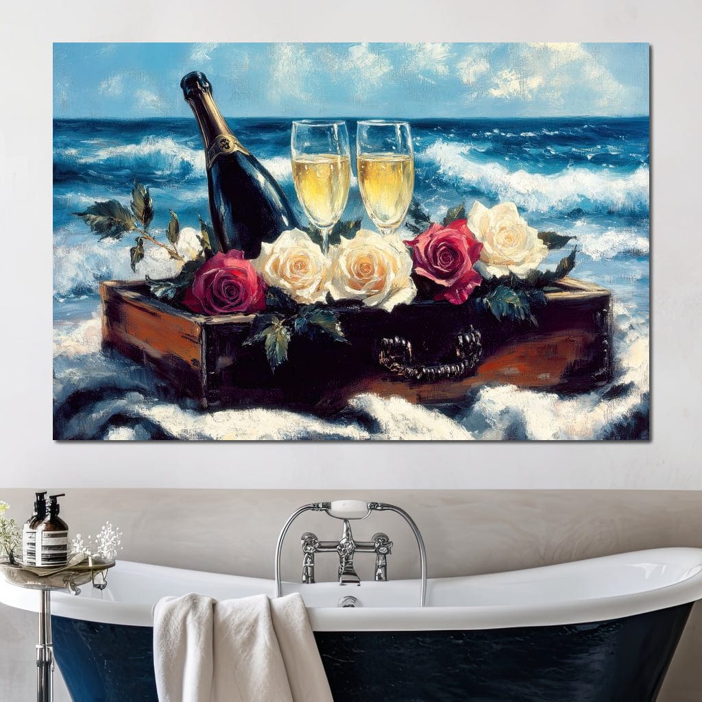 Tablou Canvas Premium LuxCanva® E1052, Sampanie la Tarmul Marii, Valuri, Pahare, Lux, Trandafiri, Exotic, Living Room, Culori vibrante