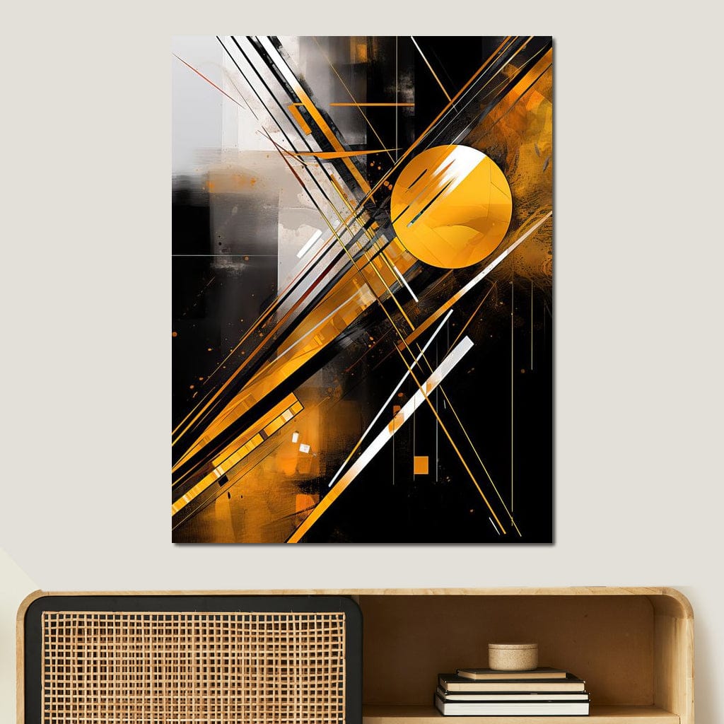 Tablou Canvas Premium, LuxCanva® J1026, Impactul Viitorului, Futurism, Putere, Stralucire, Inovatie, Miscare, Galben, Negru, Furtuna, Traiectorii, Living, Dormitor