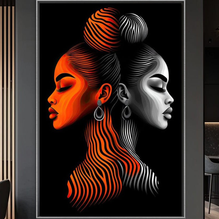 Tablou Canvas Premium, LuxCanva® G1161, Yin si Yang Feminin, Dualitate, Fete, Frumusete, Foc, Gheata, Opozitie, Dubla, Identitate, Lumini, Umbre, Stilizat, Armonie, Birou, Living, Dormitor