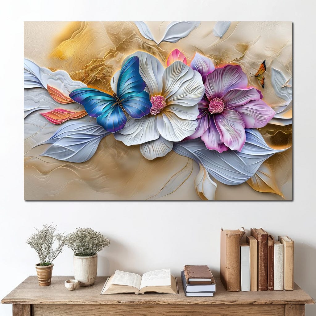 tablou canvas cu un fluture albastru printre flori mari pastelate in nuante de alb si mov, pe fundal bej abstract si sidefat