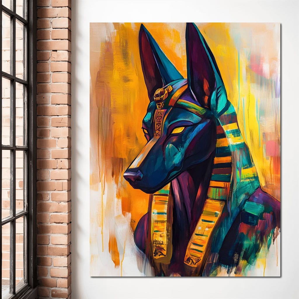 tablou canvas cu portretul zeului egiptean Anubis, reinterpretat modern in nuante vibrante de albastru regal, auriu si mov, p