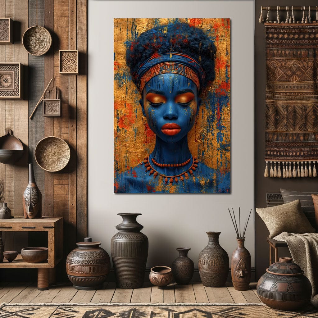 Tablou Canvas Premium LuxCanva® G1013, Frumusete Etnica , Albastru, Aur, Azur, Tribal, Feminism, Printesa, Living, Dormitor, Culori vibrante