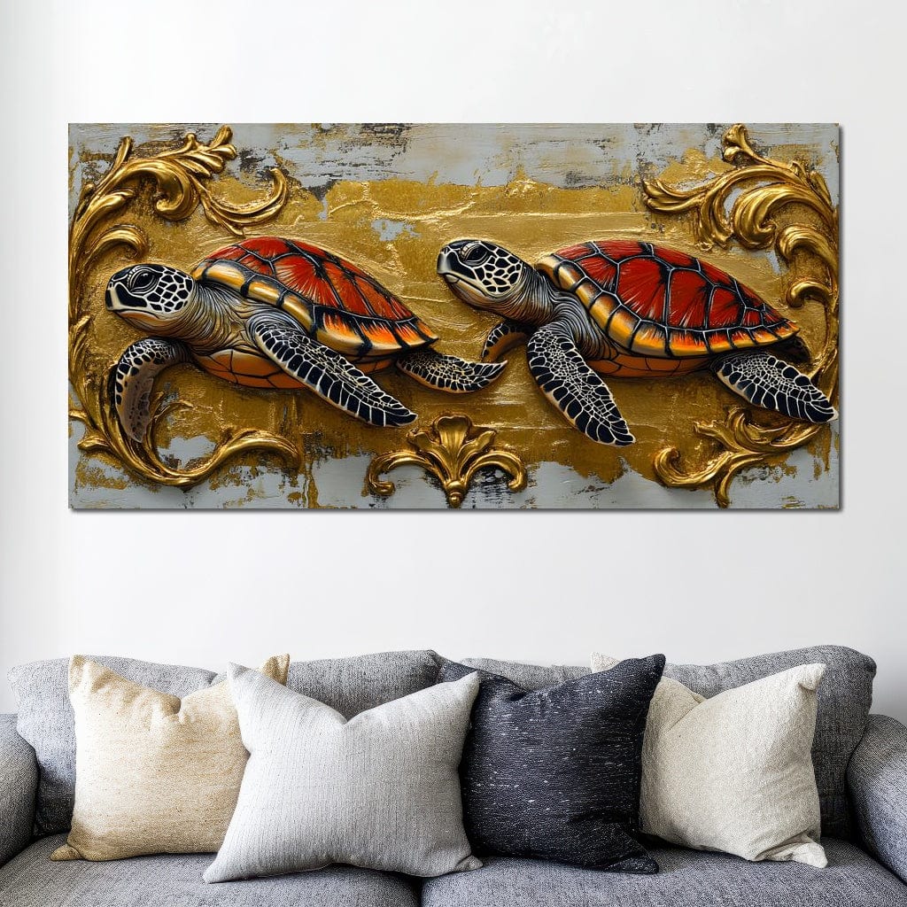 tablou canvas cu doua testoase cu carapace rosie pictate pe fundal auriu abstract