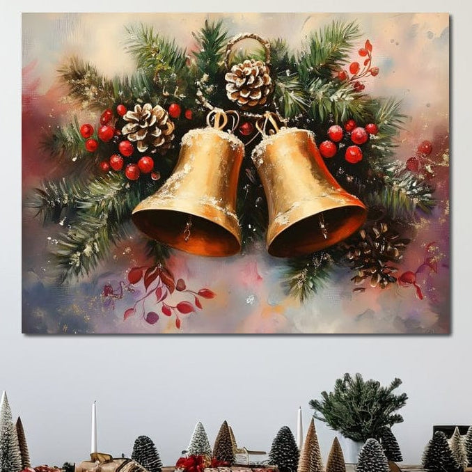 Tablou Canvas Premium, LuxCanva® D1089, Colindul Clopotelor, Aur, Christmas, Stralucire, Ecou, Festiv, Magie, Sunet, Spirit, Zvon, Brad, Simfonie, Pin, Conuri, Iarna, Rosu, Camera Copil, Living, Dormitor
