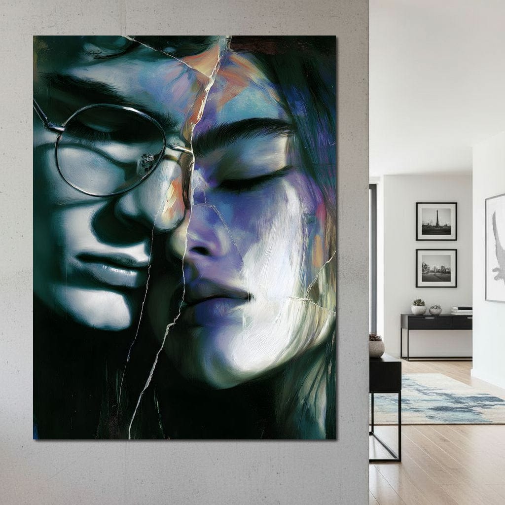 Tablou Canvas Premium, LuxCanva® G1242, Tacerea Dintre Noi, Cioburi, Rupt, Intreg, Iubire, El, Ea, Ochelari, Tacere, Atingeri, Dor, Unire, Fragilitate, Chipuri, Noi, Suflet, Cuplu, Salon, Living, Dormitor