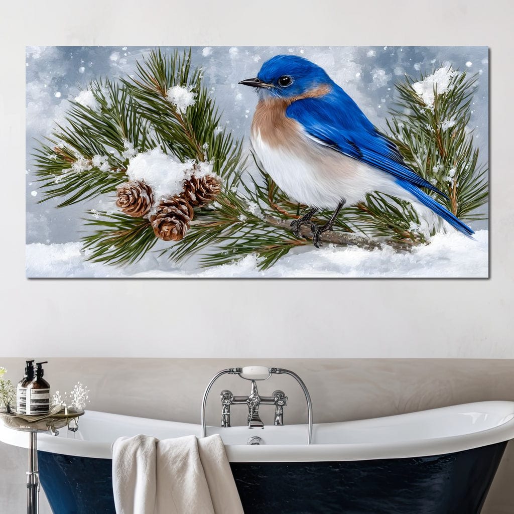 tablou canvas cu o pasare albastra pe o crenguta de brad acoperita cu zapada, pe fundal de peisaj de iarna