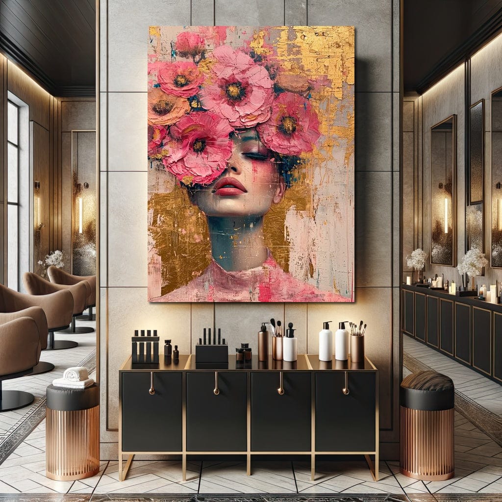 Tablou Canvas Premium LuxCanva® G1023, Gratie Inflorita , Delicatete, Flori, Petale, Aur, Portret, Pastel, Roz, Living, Dormitor, Culori vibrante