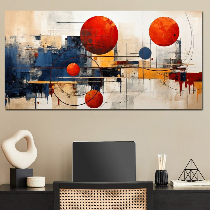 Tablou Canvas Premium, LuxCanva® J1019, Spatiu Descompus, Sfere, Rosii, Portocaliu, Orbite, Linii, Urban, Contraste, Compozitional, Decorativ, Fantasmic, Living, Dormitor