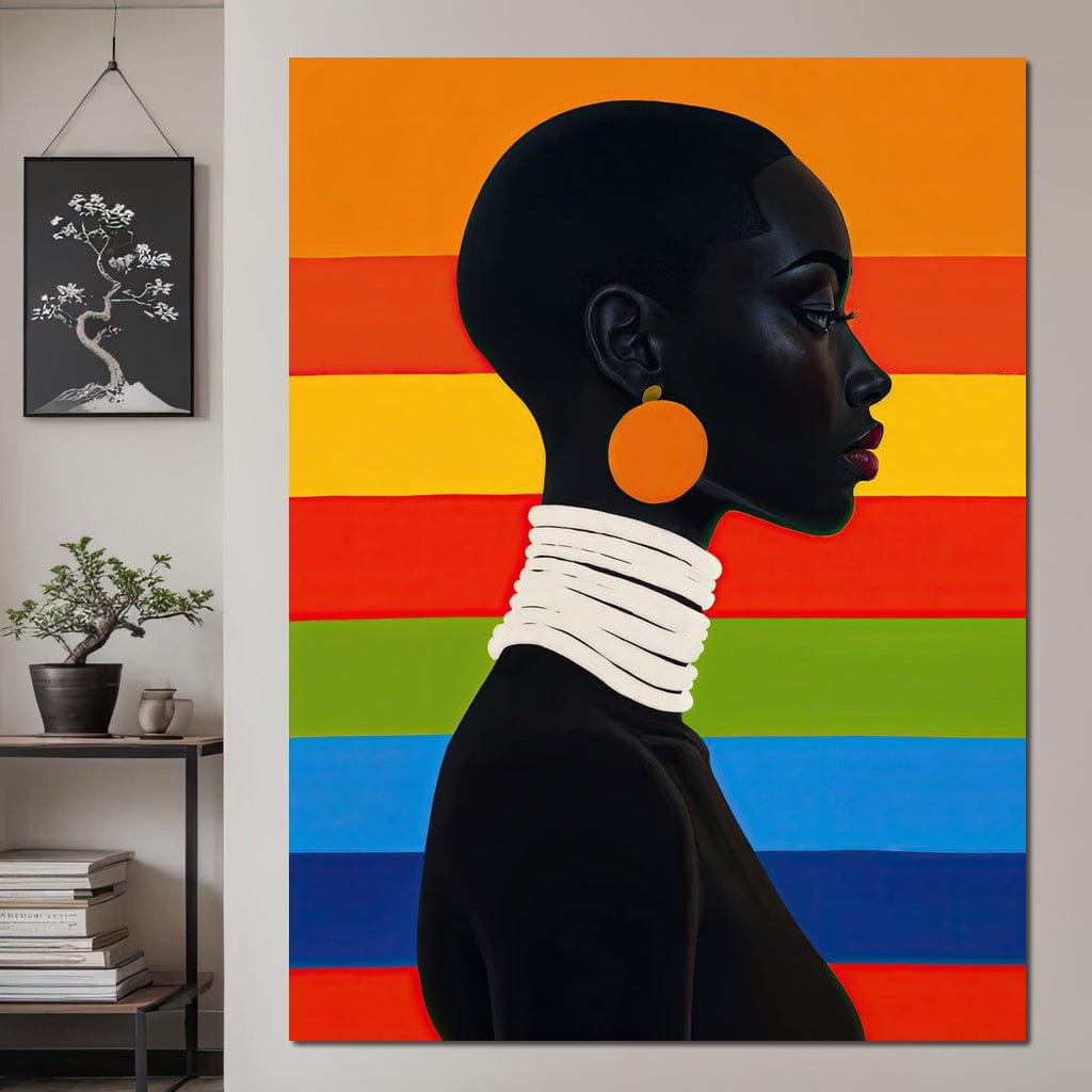 Tablou Canvas Premium, LuxCanva® G1132, Femeia Curcubeu, Afro, Modernism, Eleganta, Bijuterii, Curcubeu, Stilizat, Profil, Colier, Cercei, Colorat, Frumos, Birou, Living