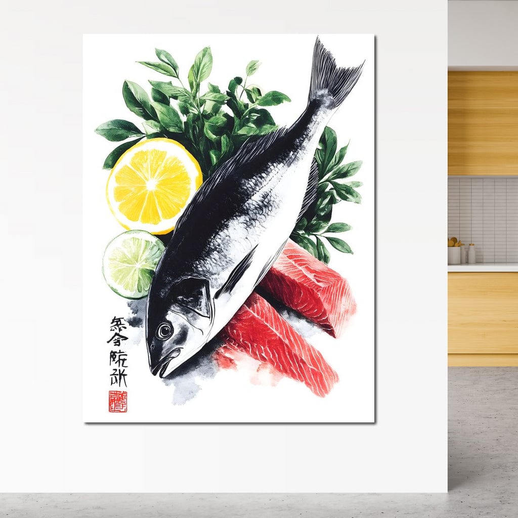 tablou canvas cu un peste, sashimi si lamaie, pe fundal deschis cu verdeturi si litere japoneze