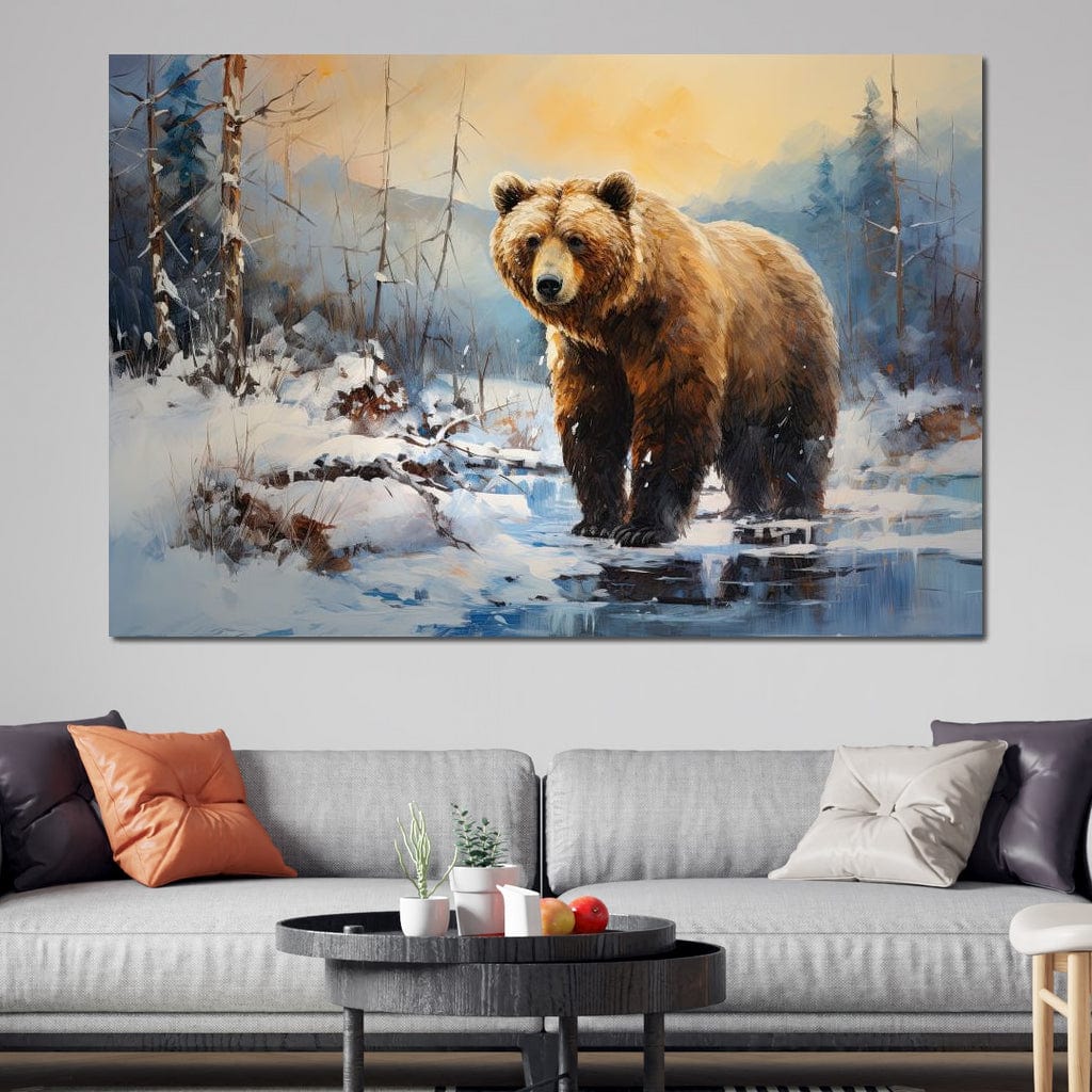 tablou canvas cu un urs intr-un peisaj montan de iarna