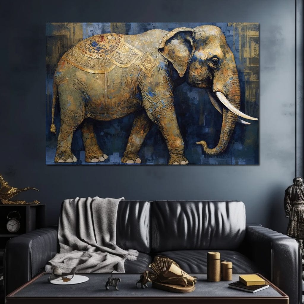 tablou canvas cu un elefant decorat in stil oriental, redat din profil intr-o paleta de tonuri pamantii si albastre, pe funda