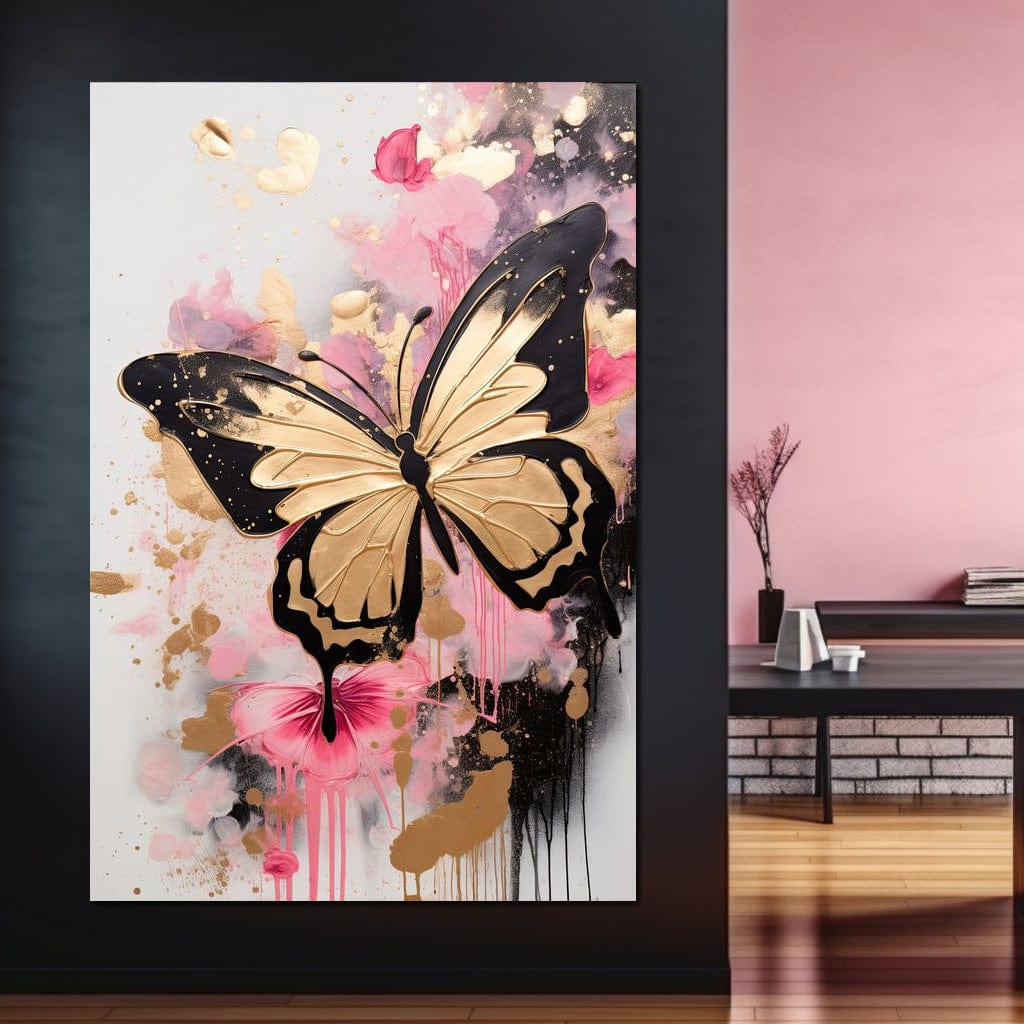 tablou canvas cu un fluture auriu cu contur negru, pe fundal abstract deschis cu pete de culoare roz, negru si auriu