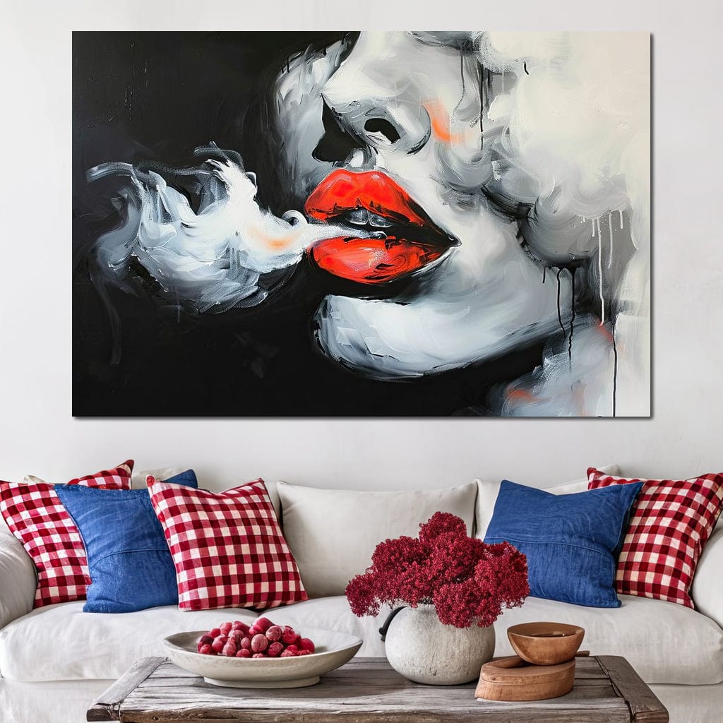 Tablou Canvas Premium, LuxCanva® G1190, Arome Interzise, Buze, Rosu, Fum, Tutun, Tigara, Abur, Pasiune, Bar, Noapte, Catifea, Foc, Seductie, Ceata, Oras, Club, Birou, Living, Dormitor