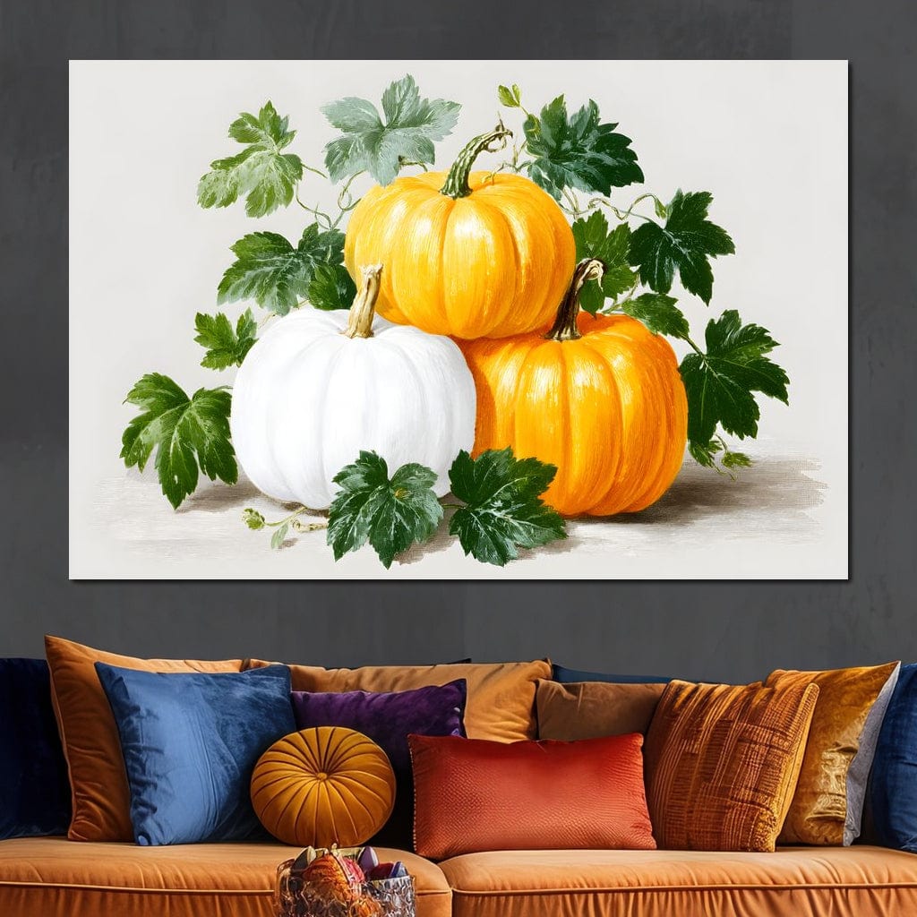 tablou canvas cu trei dovleci cu frunze, pe fundal alb