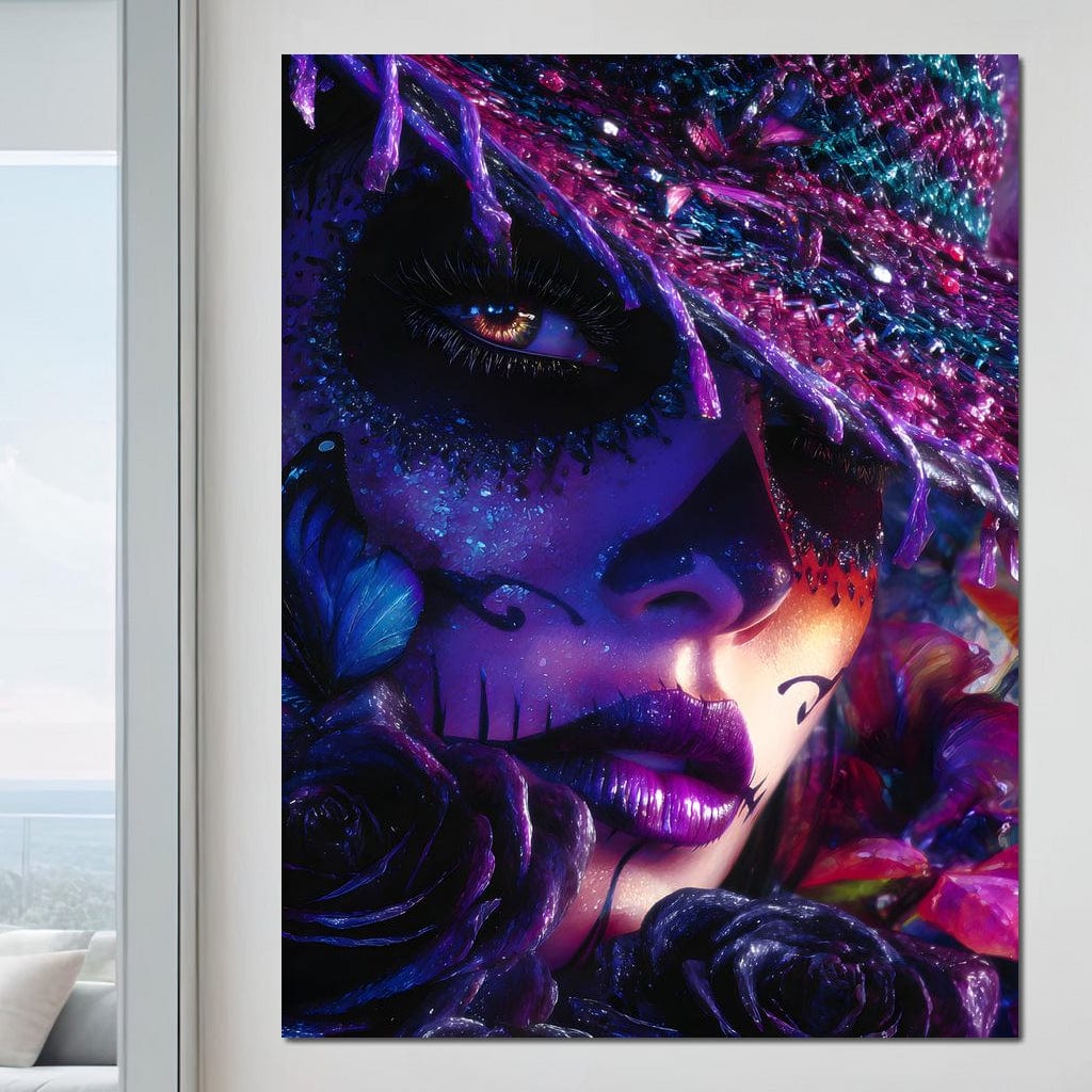 Tablou Canvas Premium, LuxCanva® G1156, Privirea care Vrajeste, Noapte, Mov, Palarie, Tatuaj, Trandafiri, Violet, Suflet, Ratacire, Mexic, Decorativ, Intens, Fascinant, Birou, Living, Dormitor
