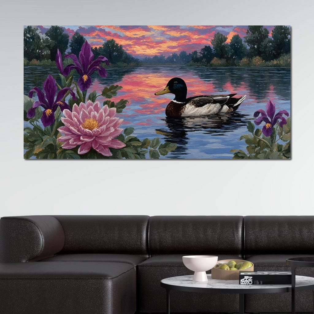 tablou canvas cu o rata plutind pe lac la apus, inconjurata de irisi mov si nuferi roz, pe fundal in stil pictural 