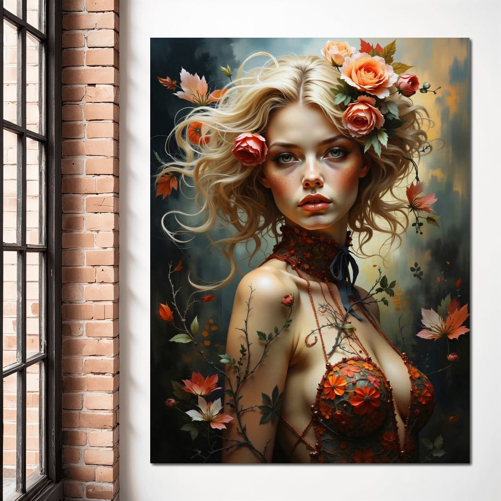 Tablou Canvas Premium, LuxCanva® G1167, Femeia din Padure, Fantastic, Flori, Natura, Romantic, Mistic, Zeita, Boem, Basm, Salbatica, Rochie, Florala, Contopire, Blonda, Birou, Living, Dormitor