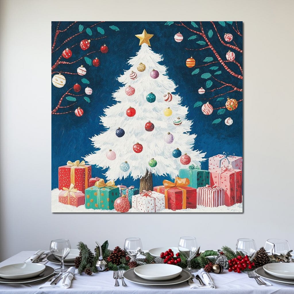 Tablou Canvas Premium LuxCanva® D1051, Farmecul Bradului Alb de Craciun ,  Bradut, Alb, Globulete, Cadouti, Ajun, Copilarie, Living Room, Culori vibrante