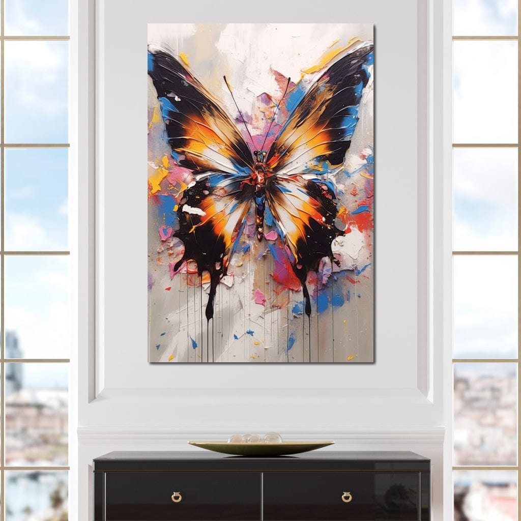 tablou canvas cu un fluture multicolor, pictat expresiv pe fundal abstract cu stropi de culoare vibranta