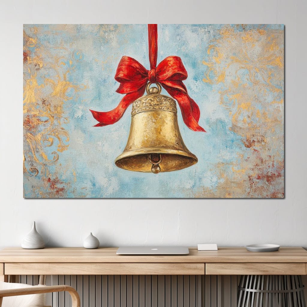 Tablou Canvas Premium LuxCanva® D1039, Clopotelul Muzical , Clopot, Brad, Decoratiune, Auriu, Muzical, Colindat, Living Room, Culori vibrante