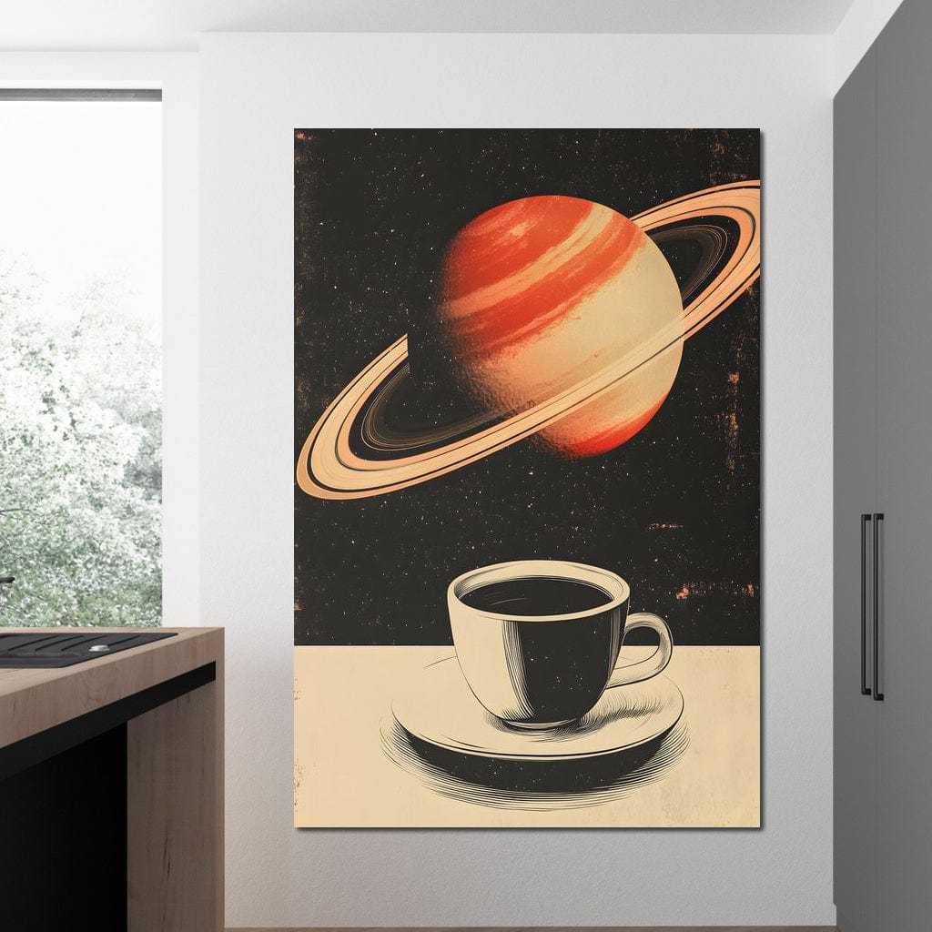 tablou canvas cu o ceasca alba cu cafea, pe fundal cosmic cu planeta Saturn inconjurata de stele