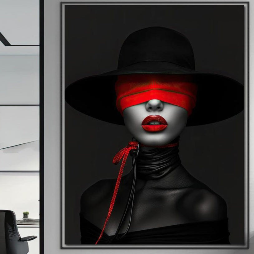Tablou Canvas Premium, LuxCanva® G1212, Puterea Nevazuta, Noir, Infern, Voal, Mister, Eclipsa, Obscur, Rosu, Palarie, Nevazut, Buze, Doamna, Enigma, Pasiune, Tacere, Salon, Birou, Living, Dormitor