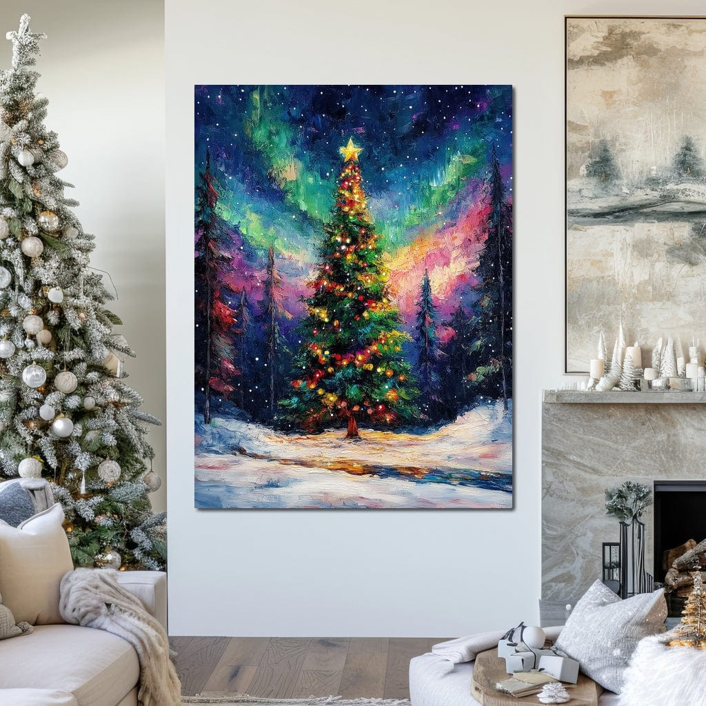 Tablou Canvas Premium LuxCanva® D1052, Aurora Boreala si Magia Bradului , Aurora, Craciun, Luminite, Padure, Instalatie, Living, Culori vibrante