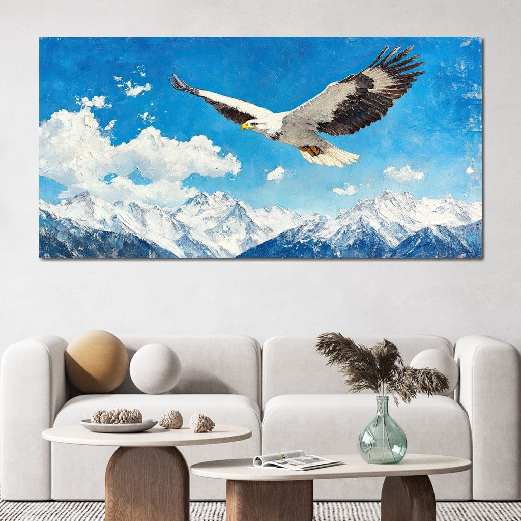 tablou canvas cu un vultur in zbor deasupra muntilor acoperiti de zapada