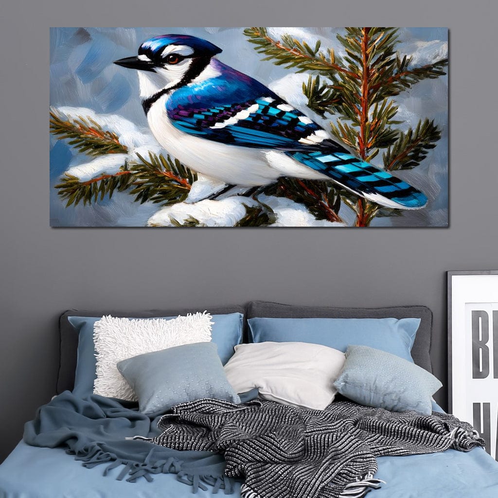 tablou canvas cu o pasare albastra pe o ramura de conifer acoperita de zapada, pe fundal de iarna