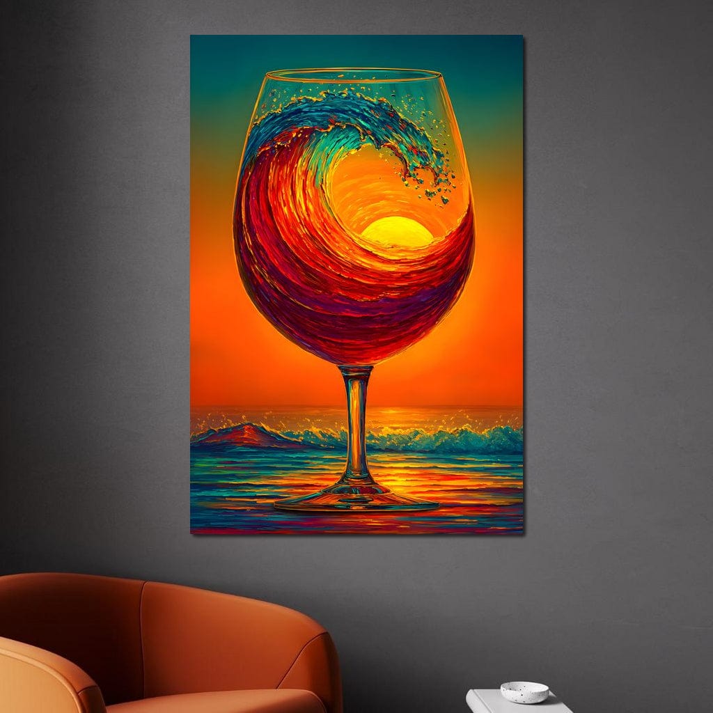 tablou canvas cu un pahar de vin rosu in valuri, pe o plaja la apus de soare