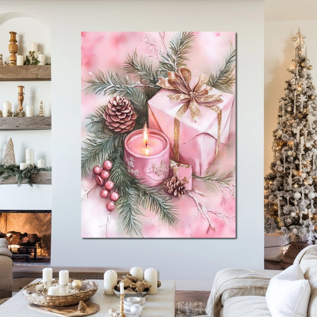 Tablou Canvas Premium, LuxCanva® D1077, Freamat de Sarbatoare, Daruri, Roz, Simboluri, Traditional, Farmec, Con, Brad, Ramuri, Lumanare, Aprinsa, Funda, Auriu, Masa, Camera Copil, Living, Dormitor