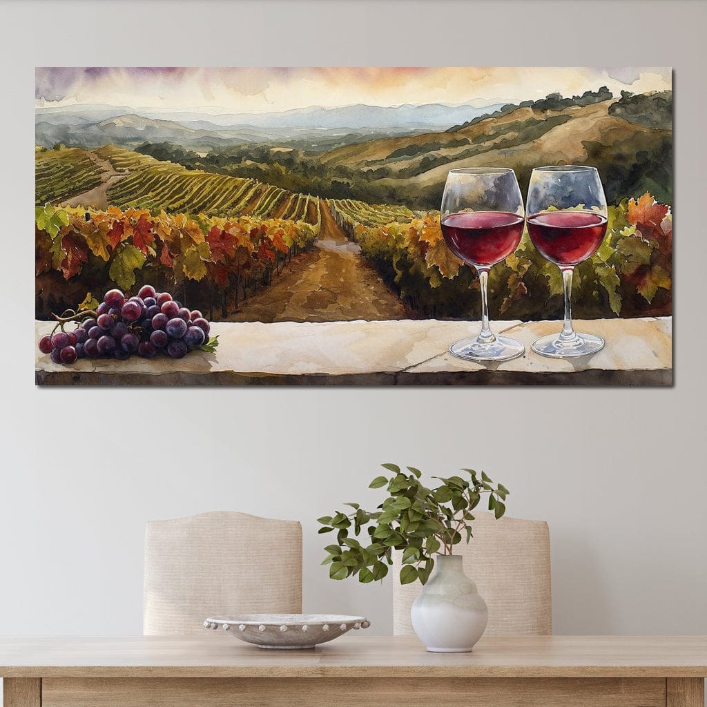 tablou canvas cu doua pahare de vin rosu si un ciorchine de struguri rosii, pe fundal cu vita de vie si peisaj rustic