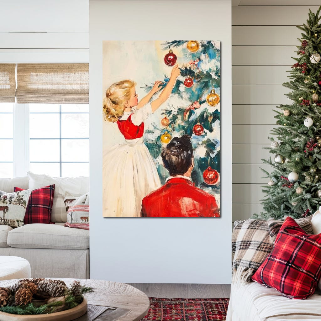 Tablou Canvas Premium LuxCanva® D1016, Fetita Impodobind Bradul , Ramuri, Brad, Impodobit, Familie, Globuri, Living Room, Culori vibrante