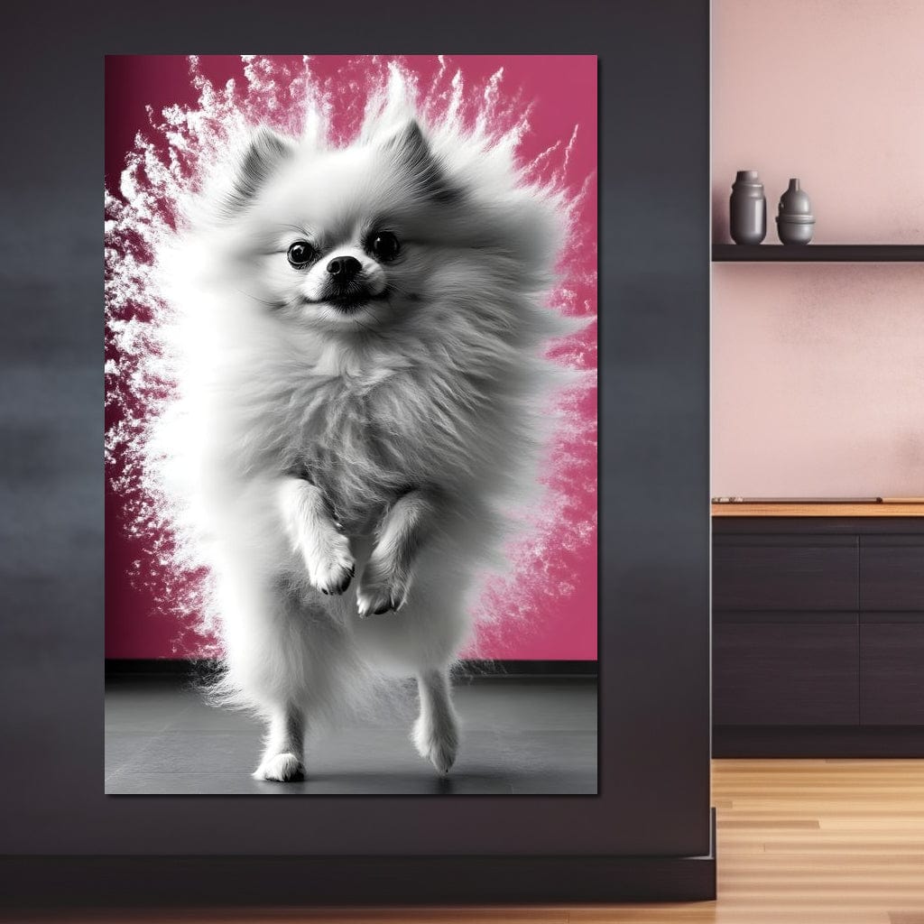 tablou canvas cu un pomeranian alb si pufos in miscare, pe fundal roz vibrant