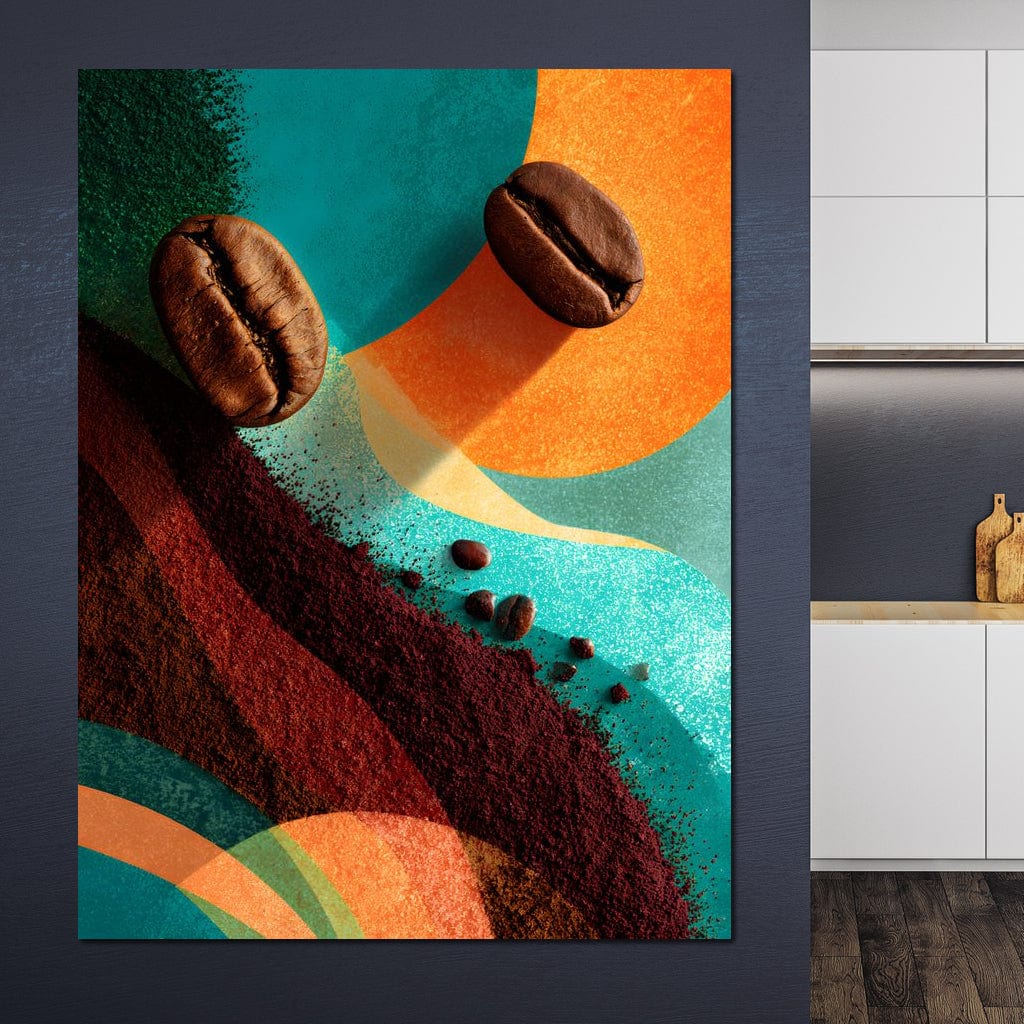 tablou canvas cu doua boabe de cafea si cafea macinata, pe un fundal abstract in nuante calde de portocaliu si nuante reci de turcoaz