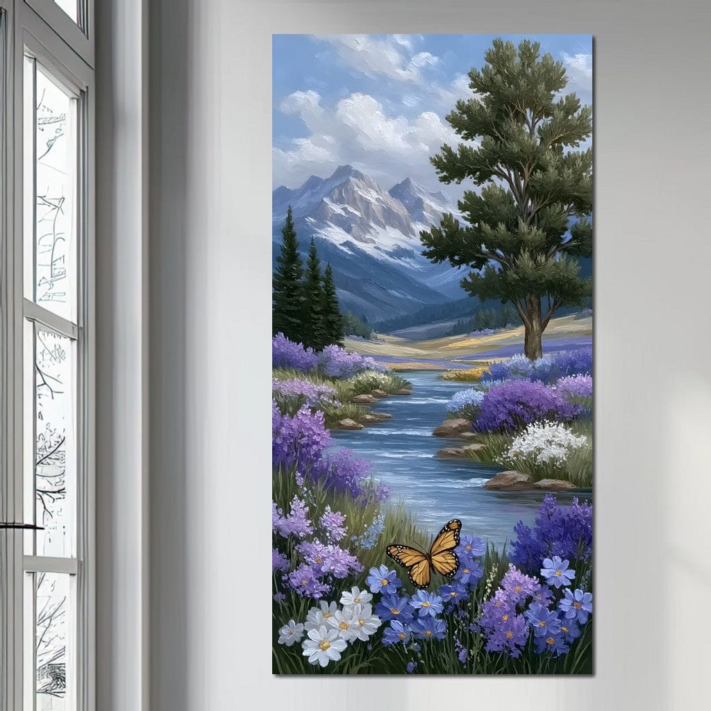 tablou canvas cu un fluture zburand deasupra unui rau cu flori violet, intr-un peisaj montan
